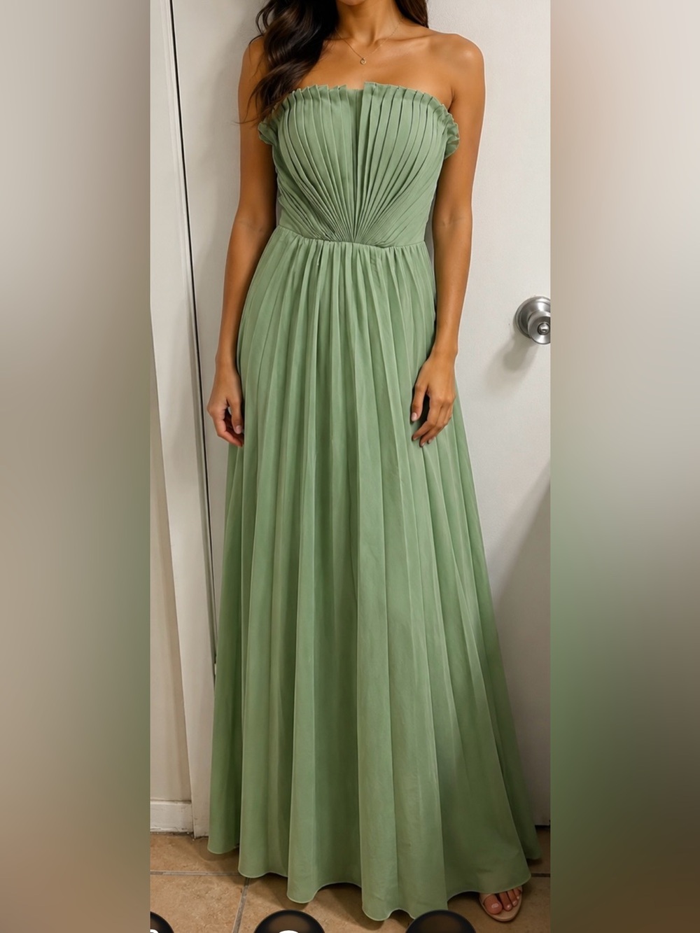 Strapless Sage Green Pleated Maxi Skirt